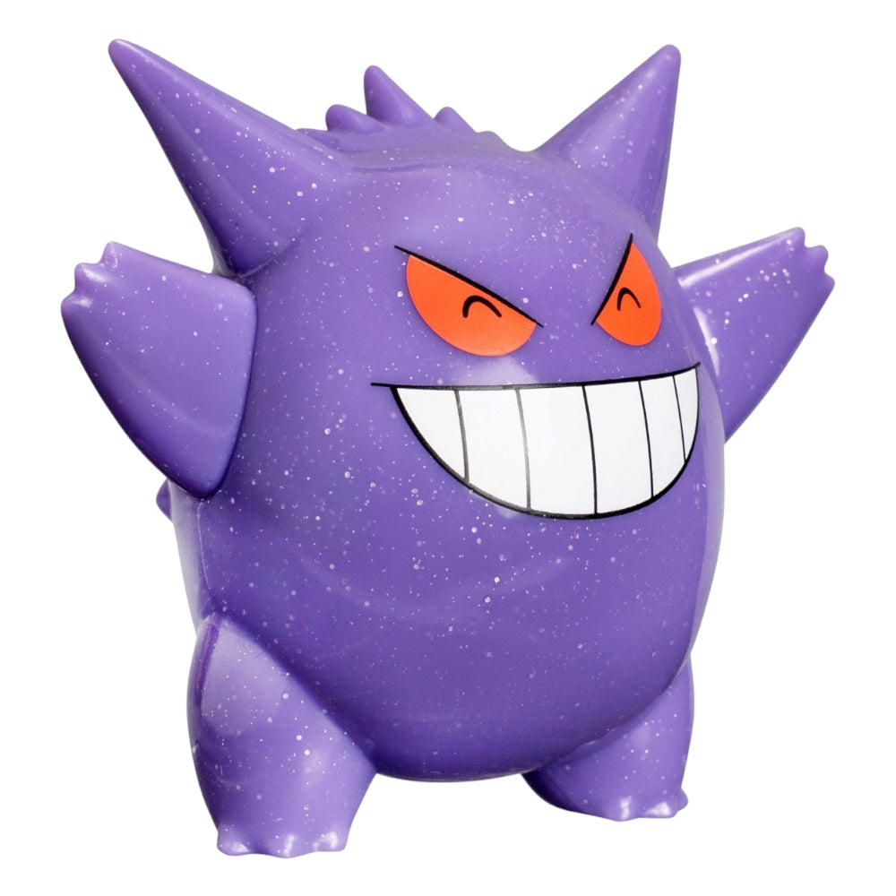 A purple Gengar collectible figure with a glittery texture, orange eyes, and a wide grin, isolated on a white background.