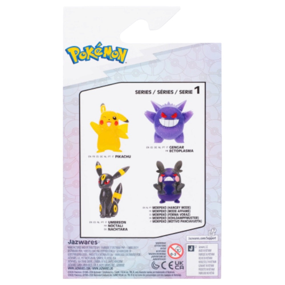 Pokémon Series 1 blind box back packaging showing four character options: Pikachu, Gengar, Eevee, and Umbreon, with the Jazwares brand name at the bottom.