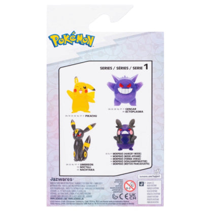 Pokémon Series 1 blind box back packaging showing four character options: Pikachu, Gengar, Eevee, and Umbreon, with the Jazwares brand name at the bottom.