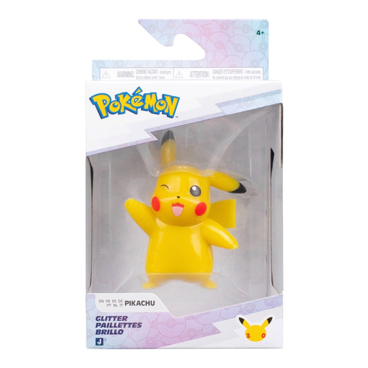 Pokémon Pikachu glitter figure in its original retail packaging, featuring a yellow winking Pikachu with red cheeks and black-tipped ears and tail, on a white background.