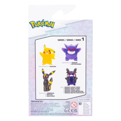 Pokémon Series 1 blind box back packaging showing four character figures: Pikachu, Eevee, Mew, and Eevee (second edition), with Jazwares branding at the bottom.