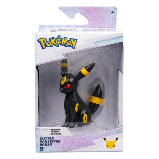 Pokémon Glitter Paillettes Brillo Umbreon figure in its original window box packaging, featuring a black Umbreon with yellow stripes and red eyes.