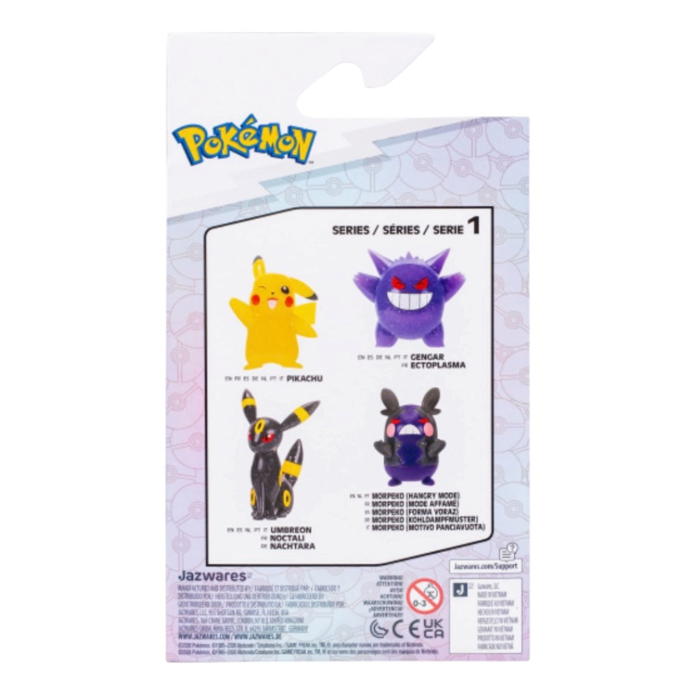 Pokémon blind box back packaging showing four character figures (Pikachu, Gengar, Eevee, and Mew) on a white background.