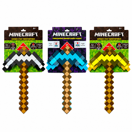 Three Minecraft toy transduitable swords in their original retail packaging, displayed side-by-side on a white background. The swords feature pixelated designs in black and white, blue and brown, and yellow and brown, with the Minecraft brand name clearly visible on the packaging.