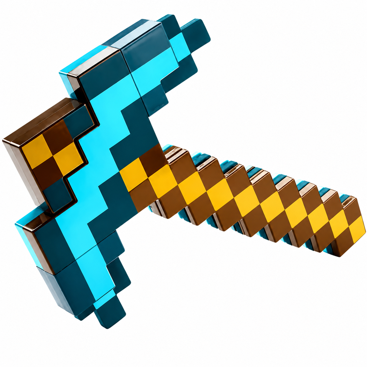 A 3D blocky, pixel-art style pickaxe with a bright cyan-blue head and a brown and yellow checkered handle, isolated on a white background.