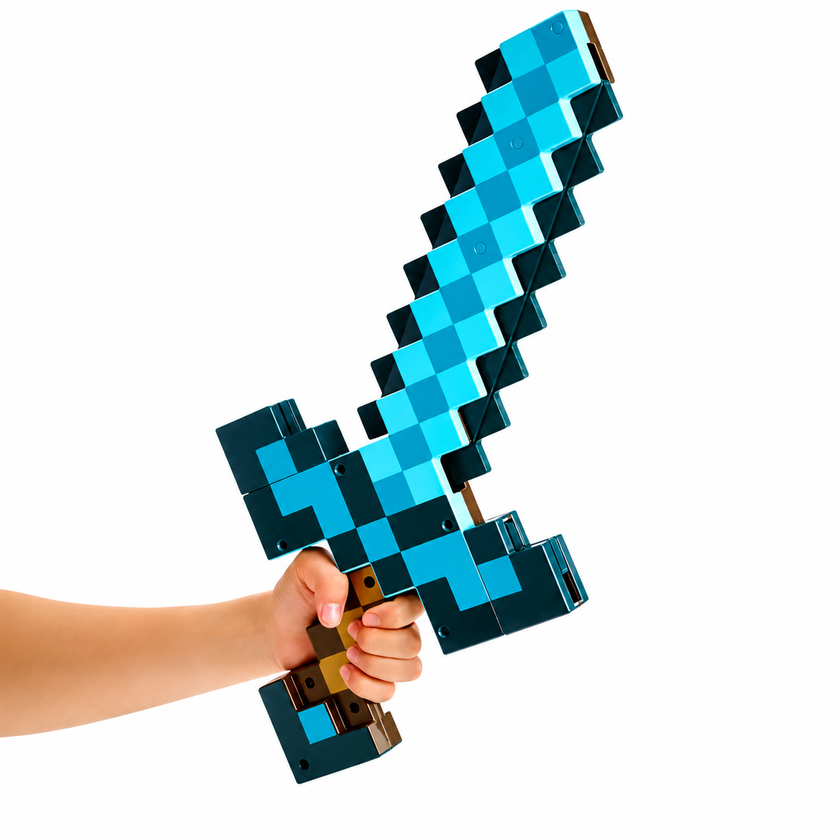 A child's hand holding a toy Minecraft-style sword made of blue and black building blocks, shown against a plain white background.