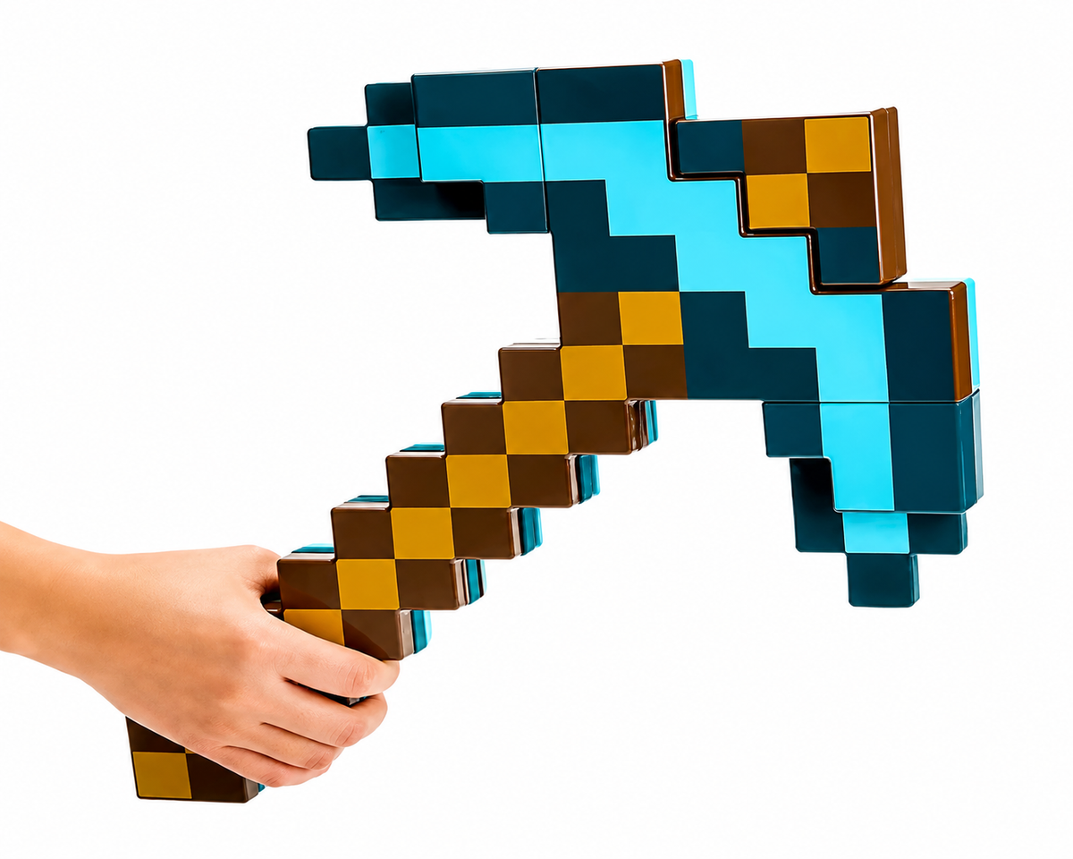 A hand holding a toy Minecraft-style pickaxe made of interlocking square blocks, isolated on a white background.