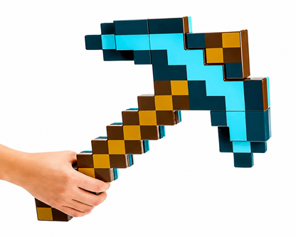 A hand holding a toy Minecraft-style pickaxe made of interlocking square blocks, isolated on a white background.