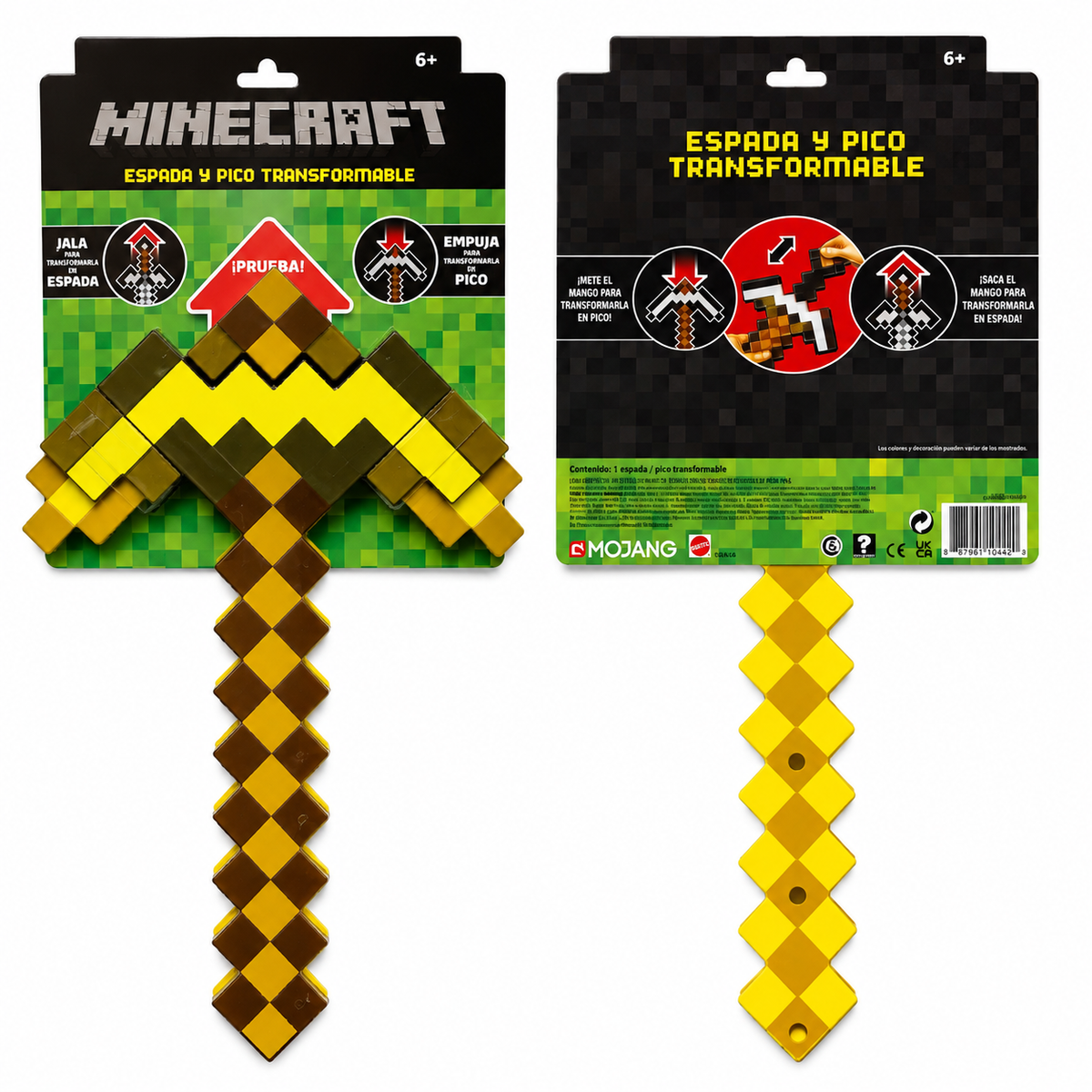 Two Minecraft transformable sword and pick toy packages shown side by side on a white background, with the assembled yellow and brown pixelated swords hanging below each card.