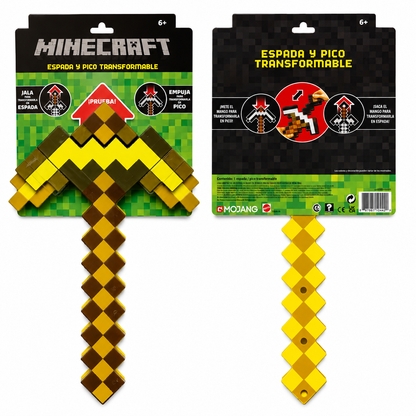 Two Minecraft transformable sword and pick toy packages shown side by side on a white background, with the assembled yellow and brown pixelated swords hanging below each card.