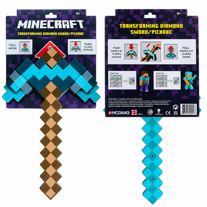Minecraft Transforming Diamond Sword Pickaxe toy shown in its retail packaging, with the front and back of the card visible on a plain white background. The product is a blocky pickaxe that transforms into a sword, with turquoise and brown pixelated sections.