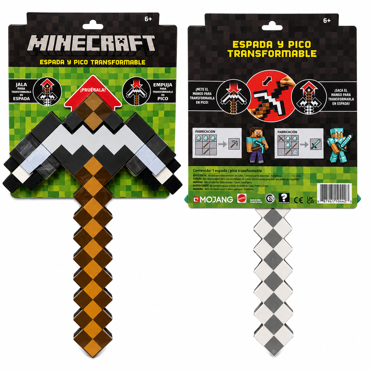 Two Minecraft transformable sword toy packages shown on a white background, with the sword unfolded below each package. The left package shows the front with the Minecraft logo and Spanish text, and the right package shows the back with construction steps.