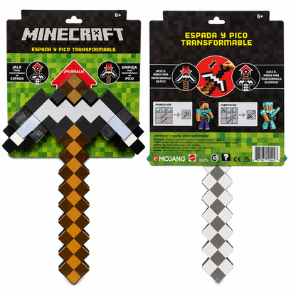 Two Minecraft transformable sword toy packages shown on a white background, with the sword unfolded below each package. The left package shows the front with the Minecraft logo and Spanish text, and the right package shows the back with construction steps.
