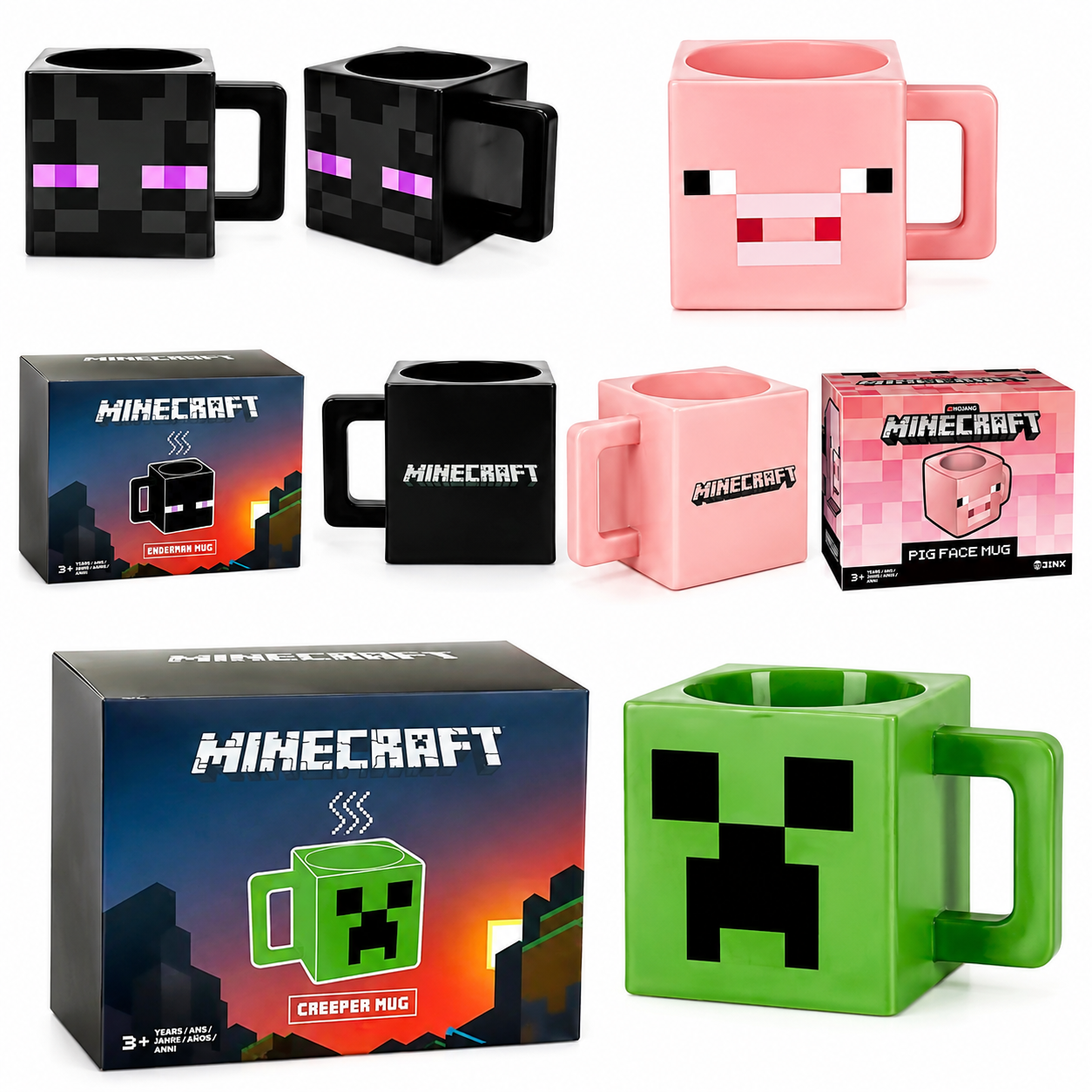 A set of Minecraft-themed ceramic mugs and their retail boxes shown on a plain white background. The set includes a black Enderman mug, a pink Pig mug, a black Minecraft mug, a pink F30 Face Mug, and a green Creeper mug, with their corresponding packaging.