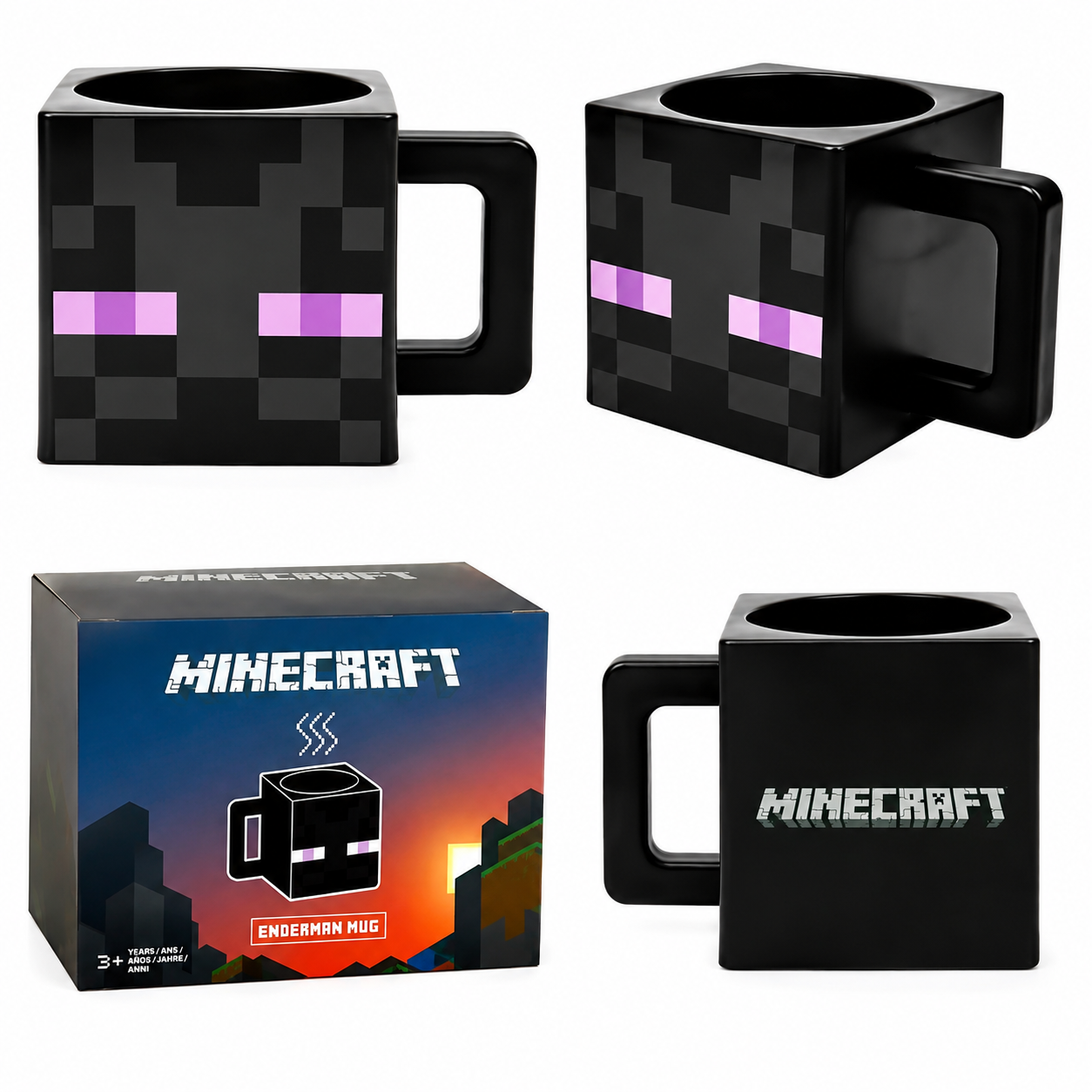 Three views of a black Minecraft mug with a pixelated character face, shown alongside its retail box on a white background.