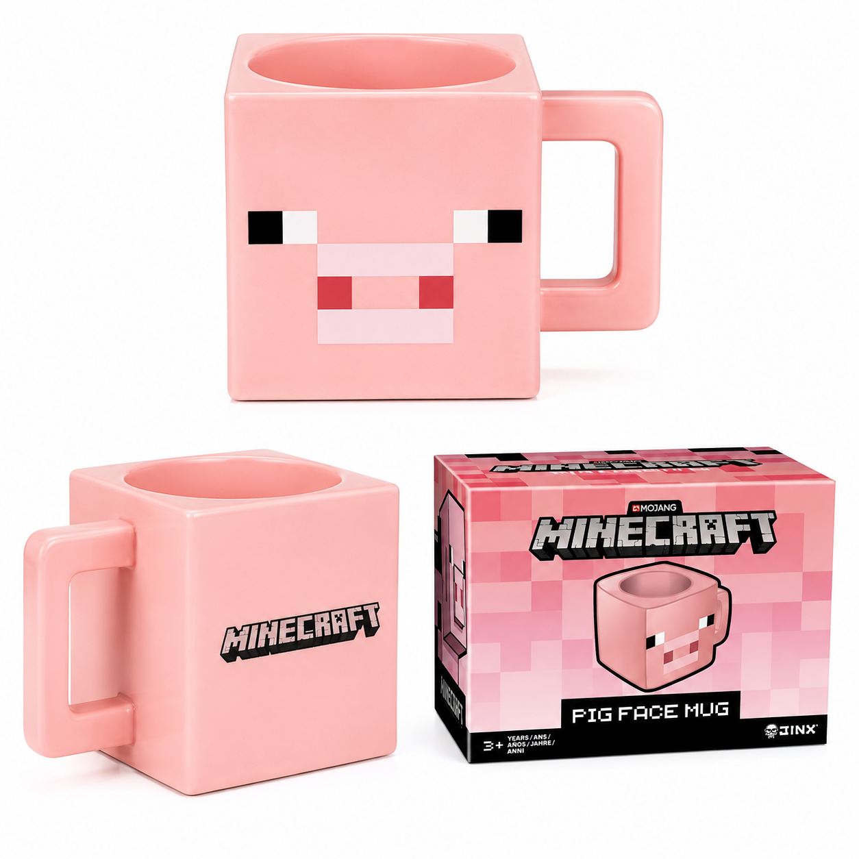 A pink Minecraft pig face mug shown from two angles alongside its retail box. The mug features a blocky pig face design in pink, white, and black, with the 'MINECRAFT' logo printed on the front of one mug.