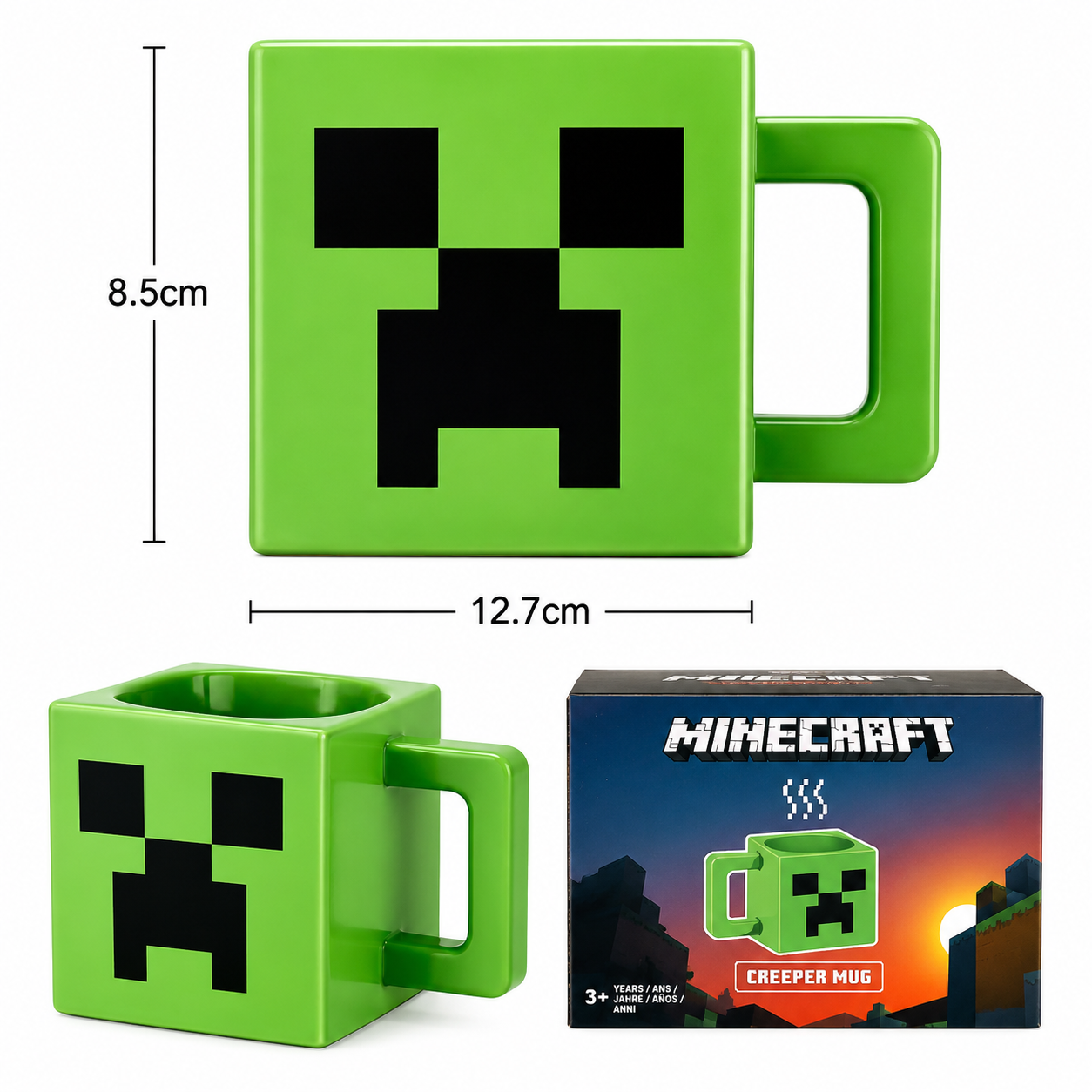 Green Minecraft Creeper mug shown from multiple angles with dimension lines indicating 8.5 cm height, 12.