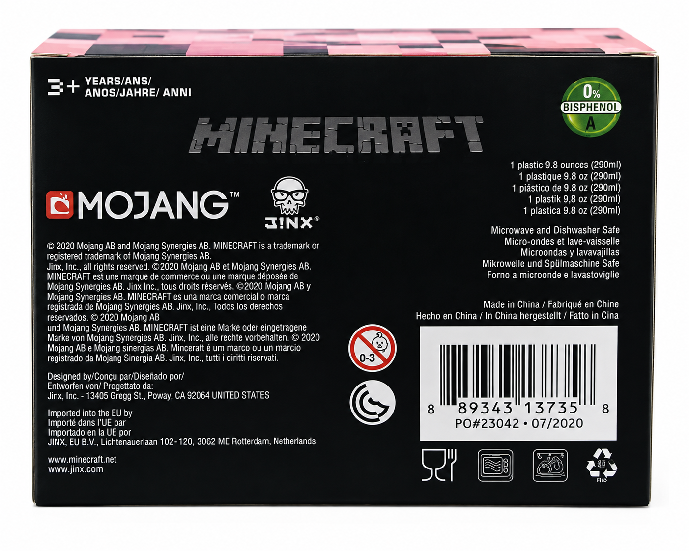 Back of a Minecraft Mojang 3-in-1 plastic toy packaging box, showing product details, barcode, and compliance icons on a black background.