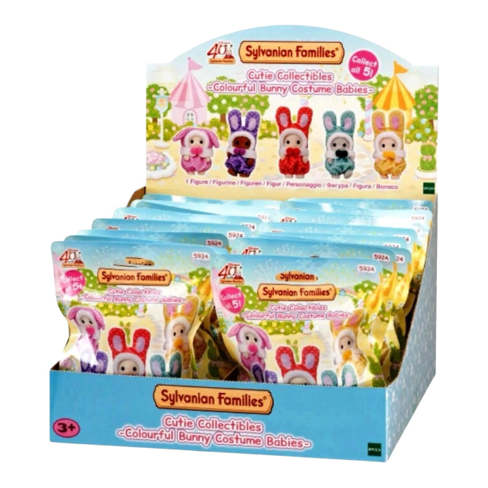 Sylvanian Families Colourful Bunny Costume Babies blind bag display box containing multiple individual packages of bunny costume babies.