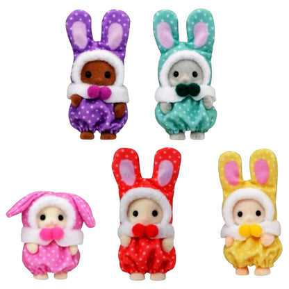 Five small plush bunny dolls wearing colorful hooded outfits, arranged on a plain white background. The outfits are purple, mint green, pink, red, and yellow, with white trim and pastel inner ears.