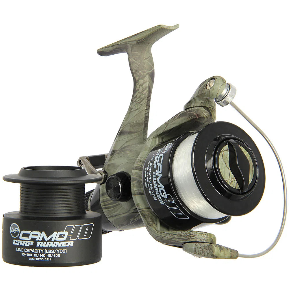 Angling Pursuits Camo 40 3BB Carp Runner Reel with 12lb Line and Spare Spool