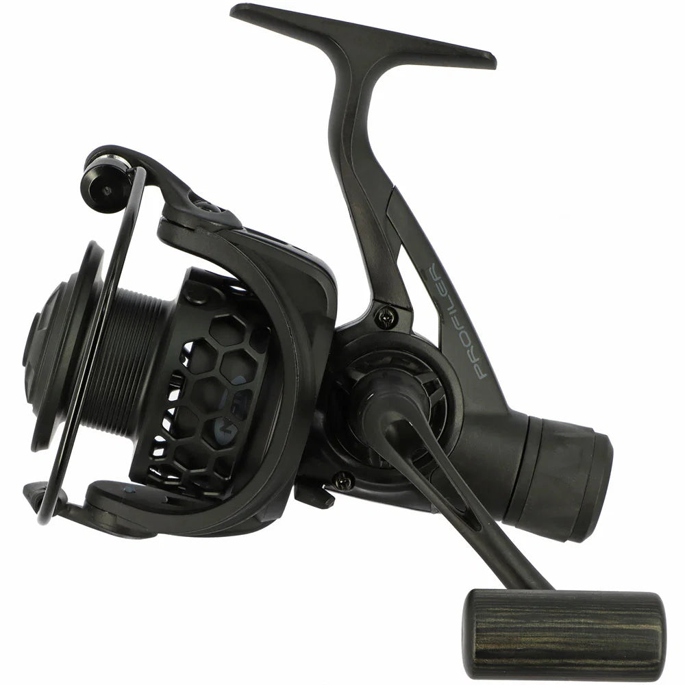 Black fishing reel on a white background