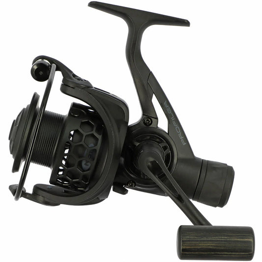 Black fishing reel on a white background