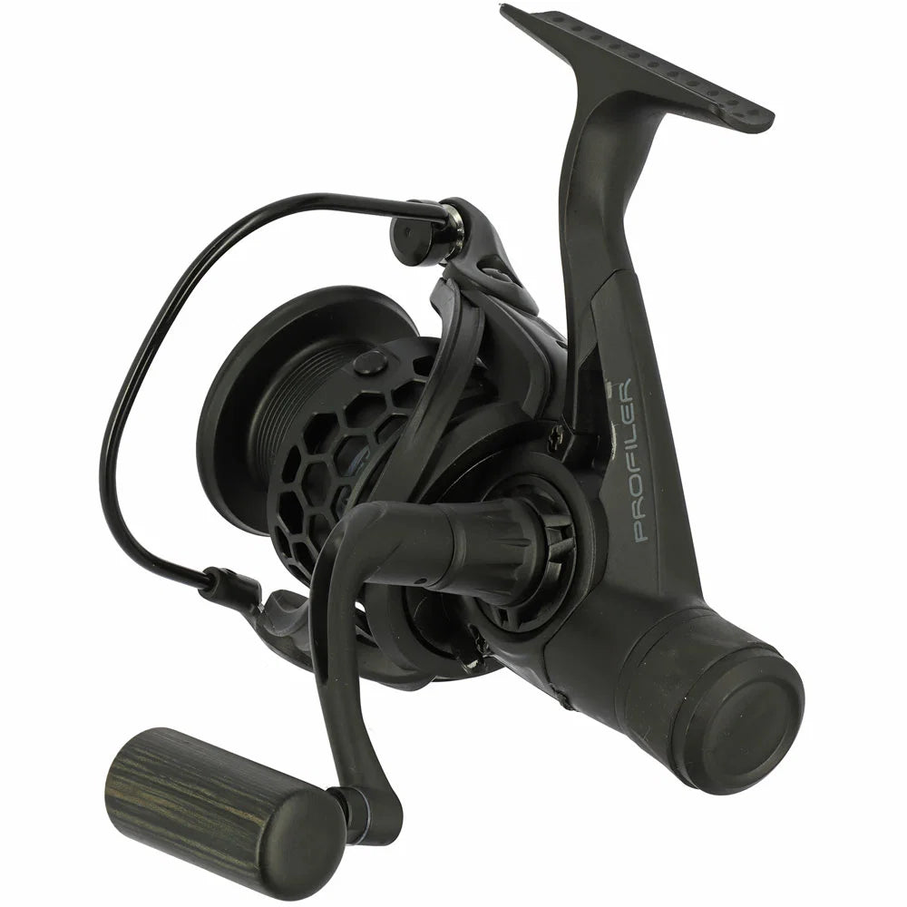 Black fishing reel with 'Profile' branding on a white background