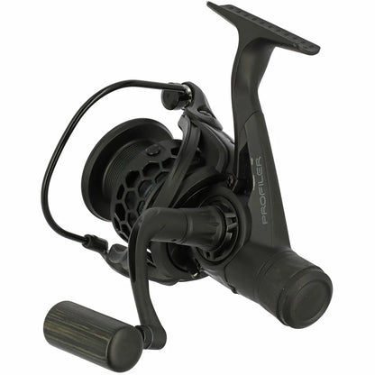 Black fishing reel with 'Profile' branding on a white background
