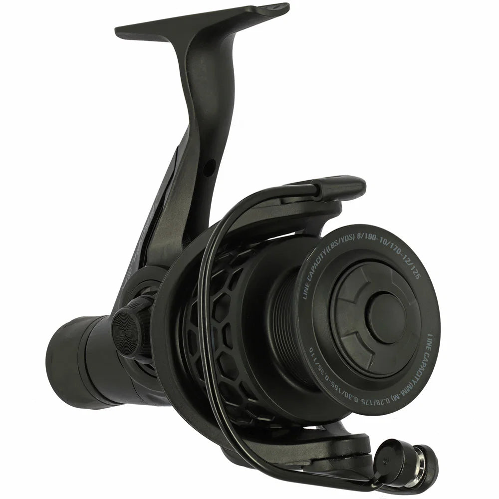 Black fishing reel on a white background