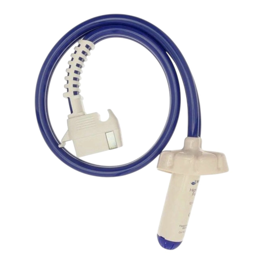 A medical oxygen delivery tube and connector set, featuring a coiled blue plastic tube, a white plastic connector with a ribbed strap, and a white oxygen delivery hub with a blue tip, shown on a plain white background.