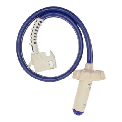 A medical oxygen delivery tube and connector set, featuring a coiled blue plastic tube, a white plastic connector with a ribbed strap, and a white oxygen delivery hub with a blue tip, shown on a plain white background.