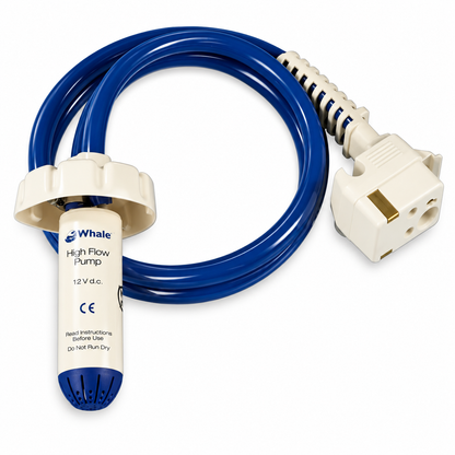 A Whale High Flow Pump 12V DC high-flow aquarium pump with a blue hose and cream-colored plastic connectors, shown on a white background.