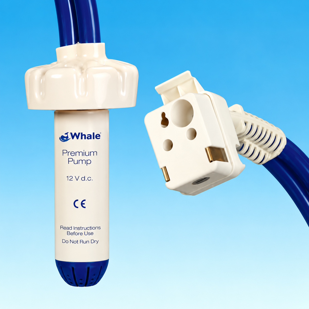 A Whale Premium Pump 12V DC pump shown with its blue cable, cream-colored plastic cap and base, and a white wall outlet adapter against a blue gradient background.