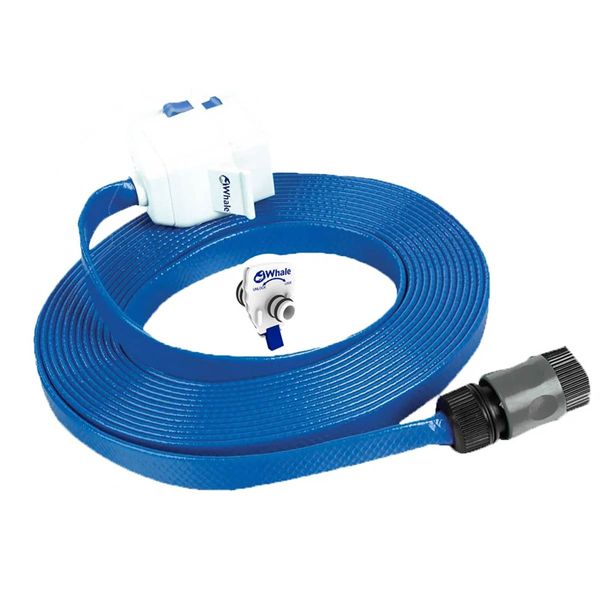 Blue garden hose with connectors on a white background