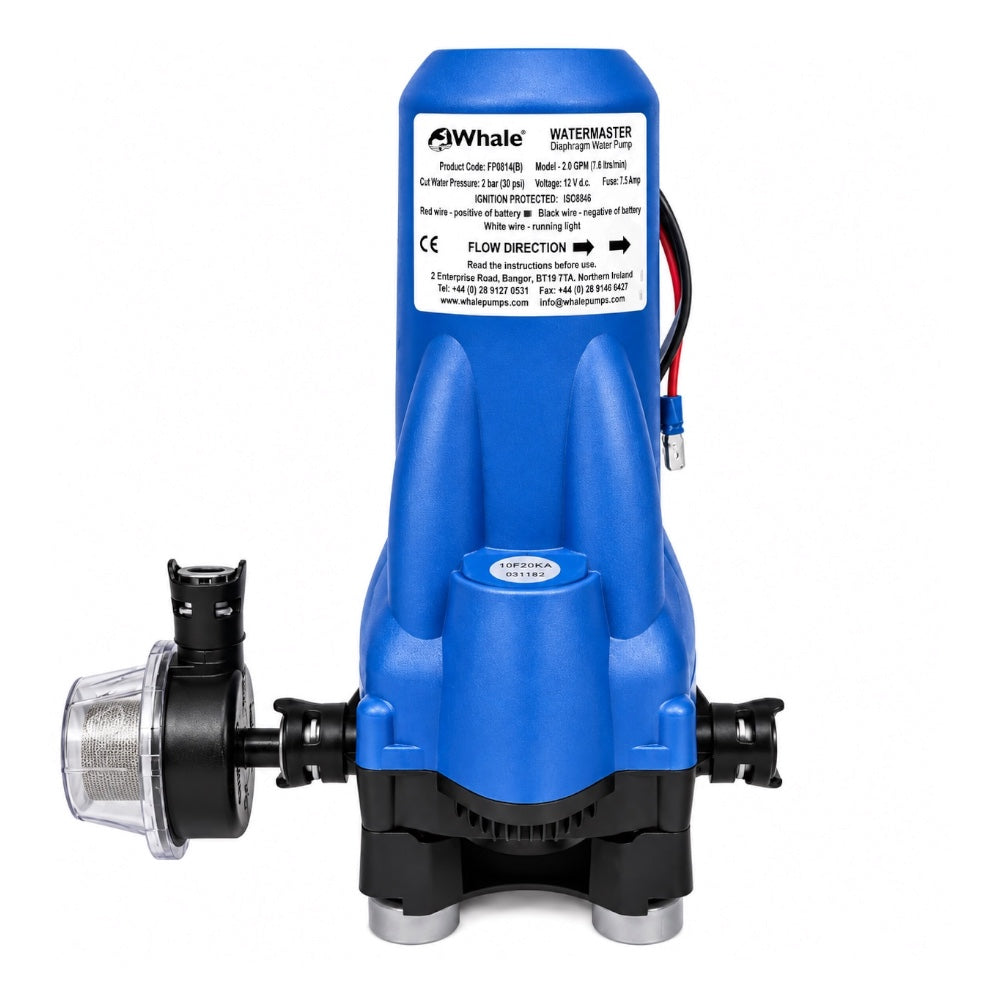 A blue and black Whale Watermaster inline pump with a clear strainer and red/black wire connector, shown on a white background.