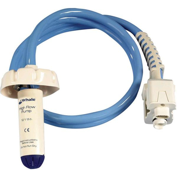 High flow pump with blue hose and white connectors on a white background
