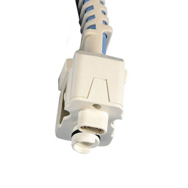 A close-up of a white plastic electrical connector on a cable with blue and black wires, isolated on a white background.