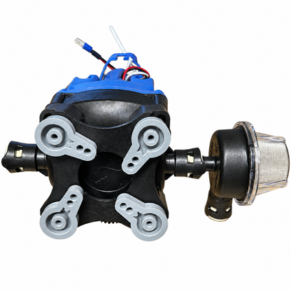 A black and blue electric pump or motor assembly with four gray plastic mounting brackets and a silver metal filter housing, shown on a plain white background.