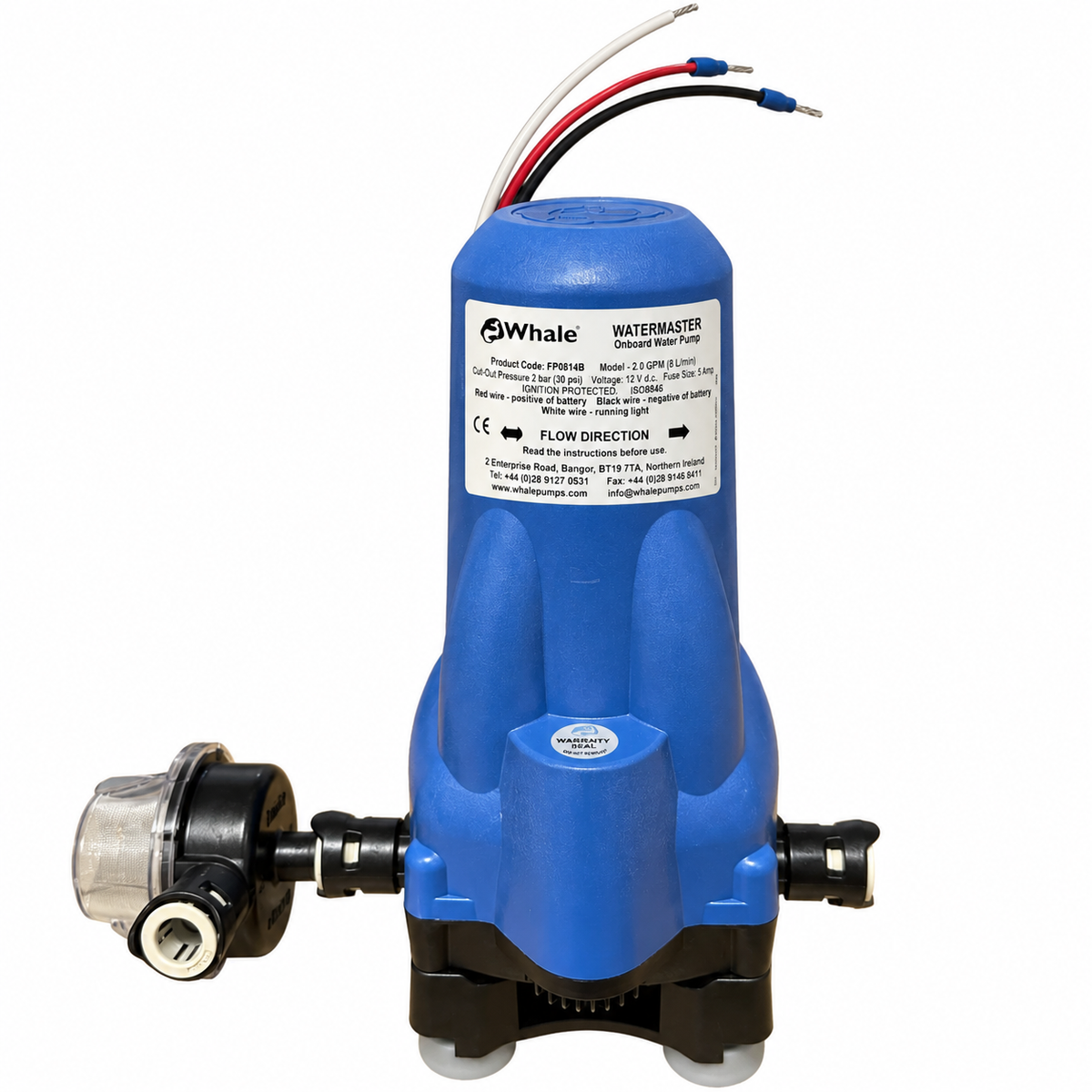 A blue and black iWhale Watermaster Ground Water Pump with attached metal fittings and three exposed wires on top, shown against a plain white background.