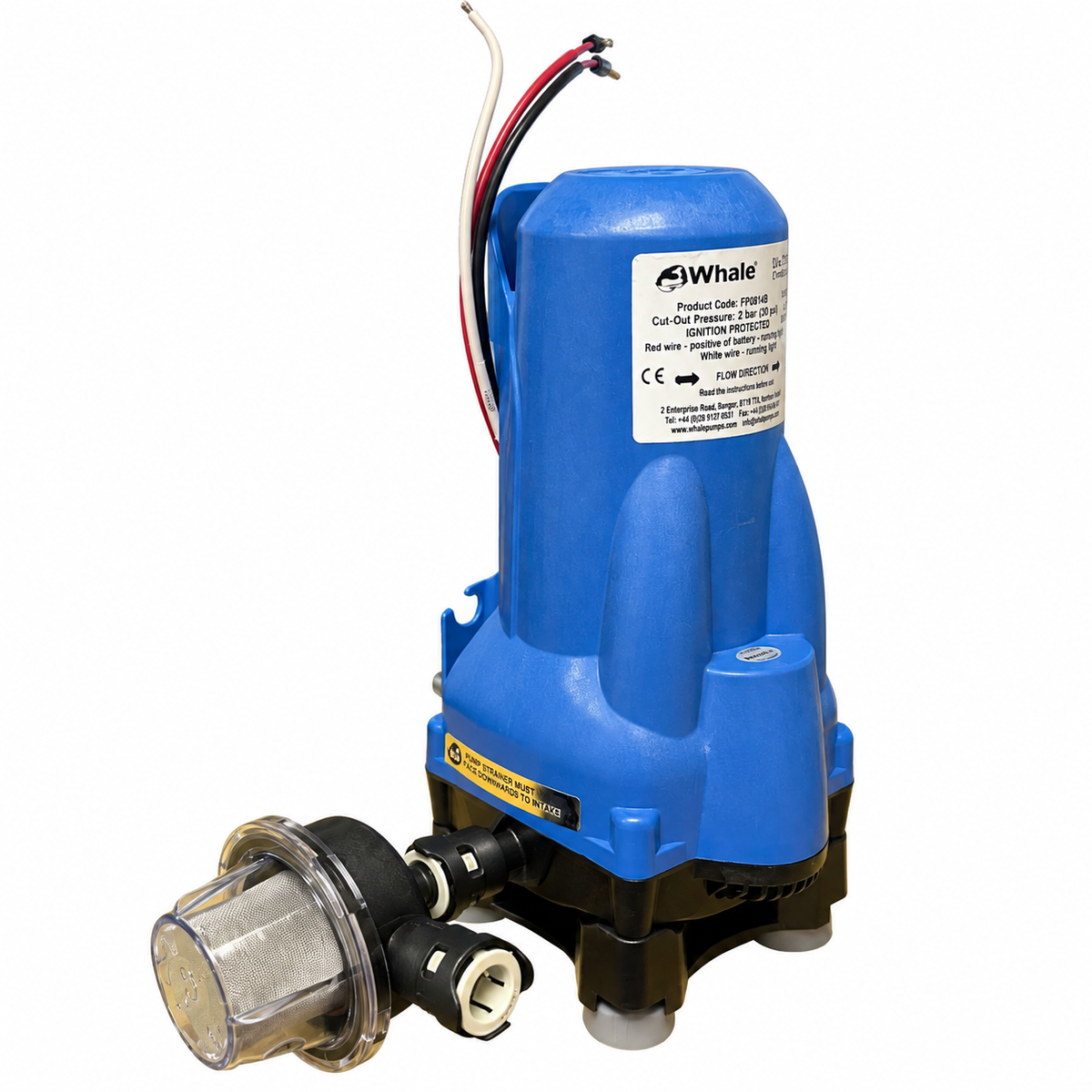 A blue and black submersible aquarium pump by SWHale, featuring a clear filter basket, white plastic feet, and red, black, and white wires at the top, shown on a white background.