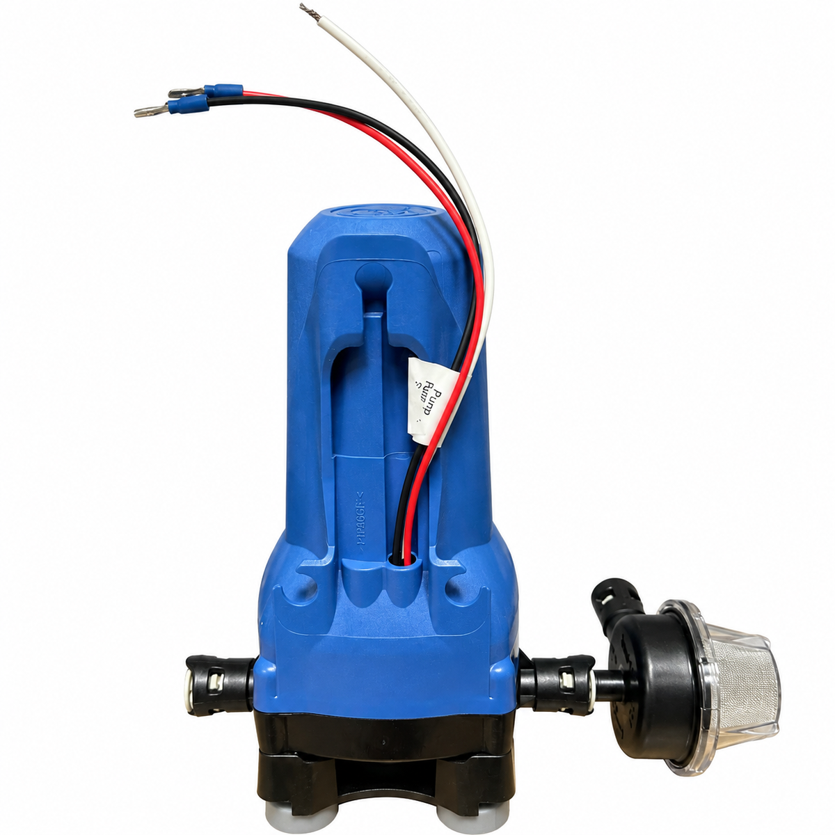 A blue and black electric pump with attached wires and a silver metal filter, isolated on a white background.