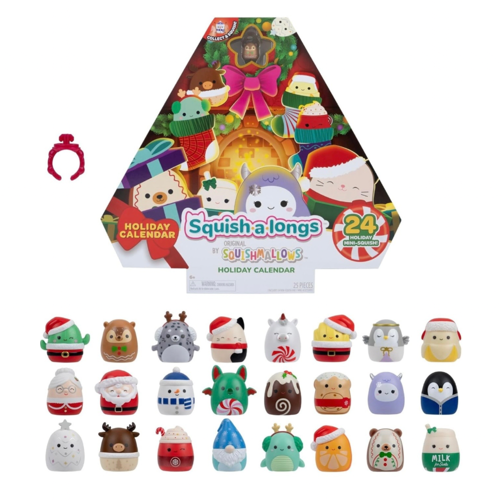 Squish a Longs 2024 Squishmallows Holiday Calendar toy set, featuring a triangular cardboard box with festive illustrations and a row of 24 colorful mini figurines below, including Santa, Christmas, reindeer, and holiday characters.