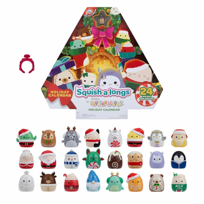 Squish a Longs 2024 Squishmallows Holiday Calendar toy set, featuring a triangular cardboard box with festive illustrations and a row of 24 colorful mini figurines below, including Santa, Christmas, reindeer, and holiday characters.
