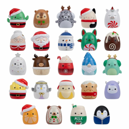 A 3x7 grid of 21 small plush toy figures with holiday and winter-themed designs, including Santa Claus, snowman, reindeer, penguin, gnome, milk carton, and colorful animal characters, shown on a plain white background.