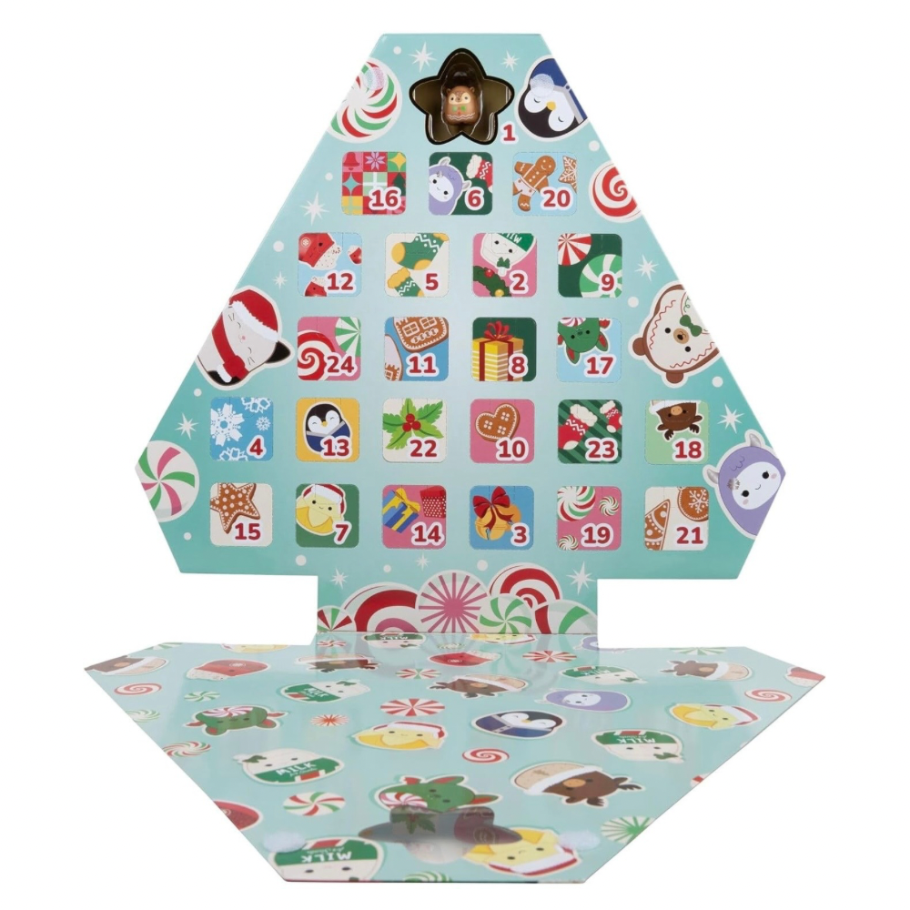 A Christmas advent calendar shaped like a Christmas tree, featuring numbered gift doors with festive illustrations such as Santa Claus, candy canes, ornaments, and holiday characters on a light blue background. A matching flat panel with the same holiday print is placed in front.