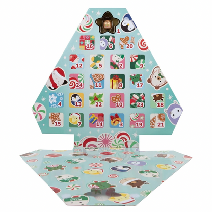 A Christmas advent calendar shaped like a Christmas tree, featuring numbered gift doors with festive illustrations such as Santa Claus, candy canes, ornaments, and holiday characters on a light blue background. A matching flat panel with the same holiday print is placed in front.