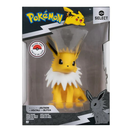 Pokémon Select Jolteon vinyl figure in its original window box packaging, featuring a yellow Jolteon with a white ruff collar and black accents, with the Pokémon Select logo at the top right.
