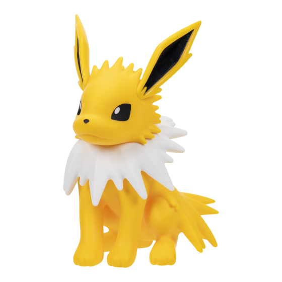 A yellow and white Eevee toy figurine with black-tipped ears, standing on a plain white background.