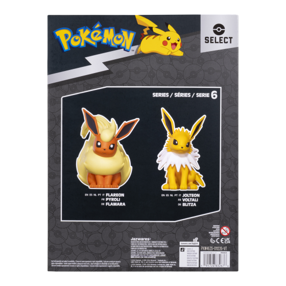 Pokémon Select Series 6 figure box back showing two Eevee variants: Plankton, Pyrolic, and Flareon on the front insert, with the Pokémon logo and Select branding at the top.